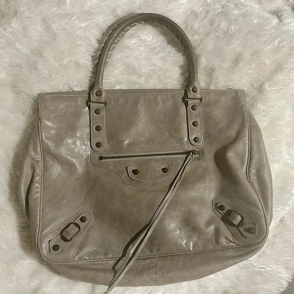 Balenciaga Leather Motocross Shopping Tote, Griege (grey)